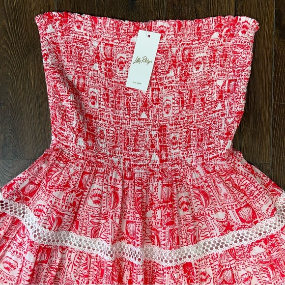 🆕 Lilly Pulitzer Kelvina Strapless Smocked Red & White Dress NEW RTL $178 SZ LG - Picture 3 of 5
